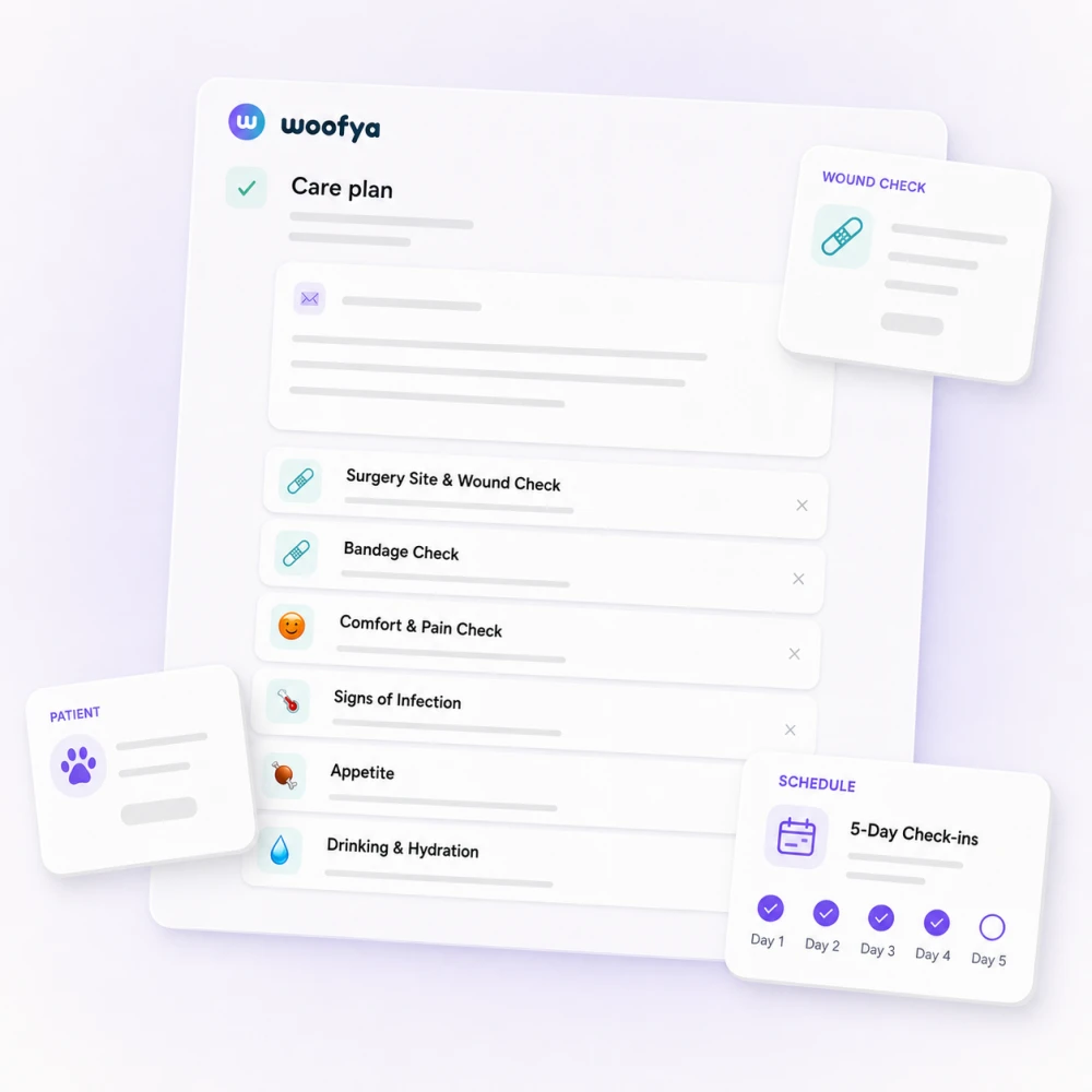 Woofya care-plan builder with structured trackers and floating plan elements