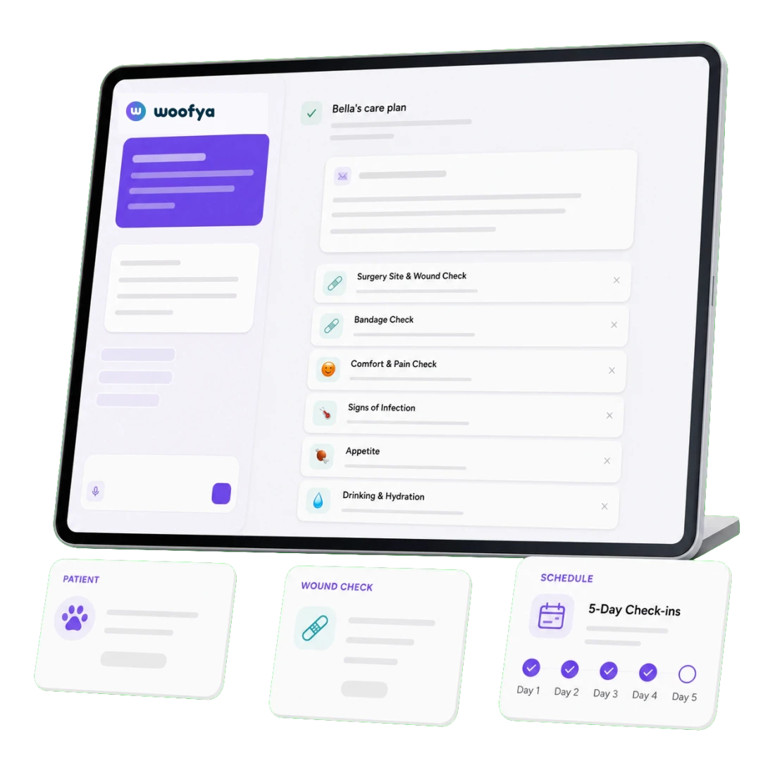 Woofya care plan builder with structured trackers and follow-up schedule