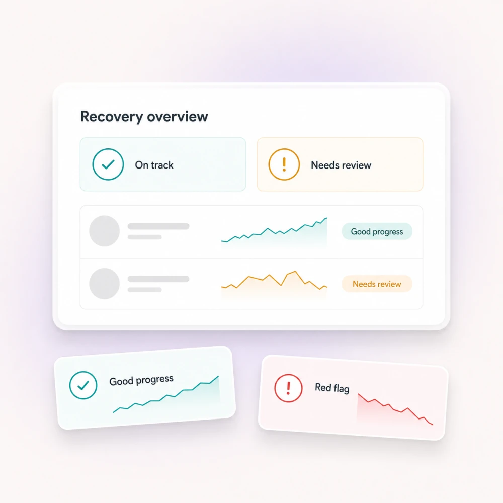 Clinic recovery overview with good progress, review, and red-flag states