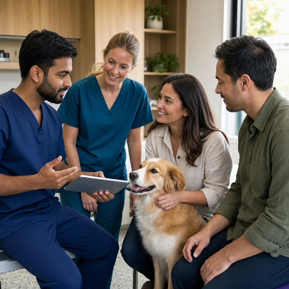 Veterinary professionals discussing a pet's ongoing care with its owners